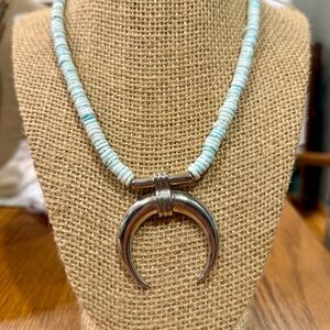 Turquoise and Silver Crescent Pendant Necklace